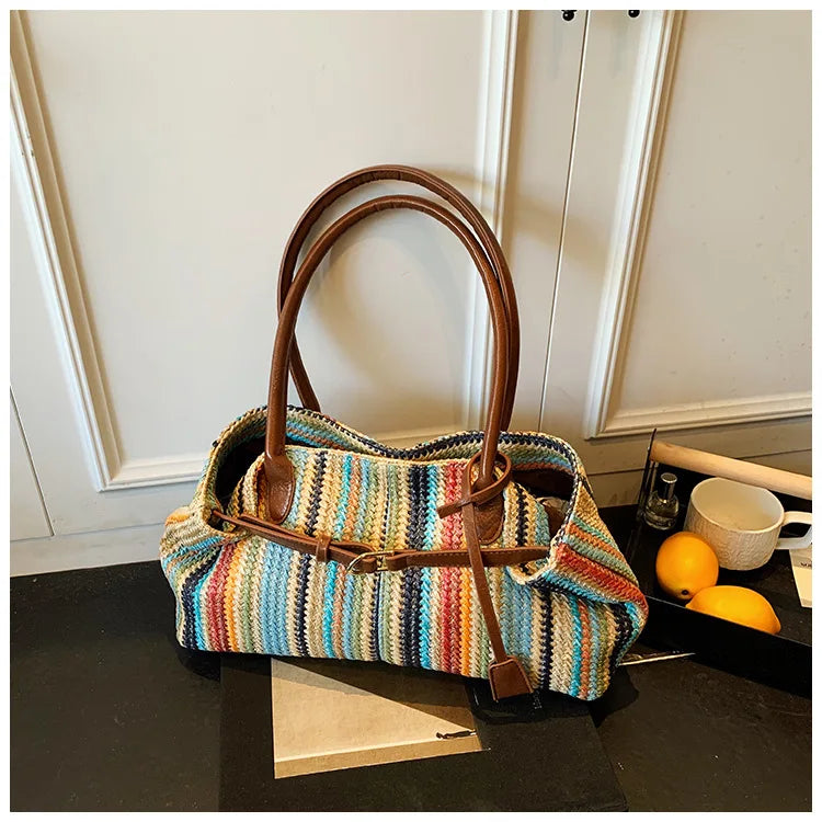Large capacity rainbow woven tote bag, women's new versatile commuting beach bag, shoulder bag