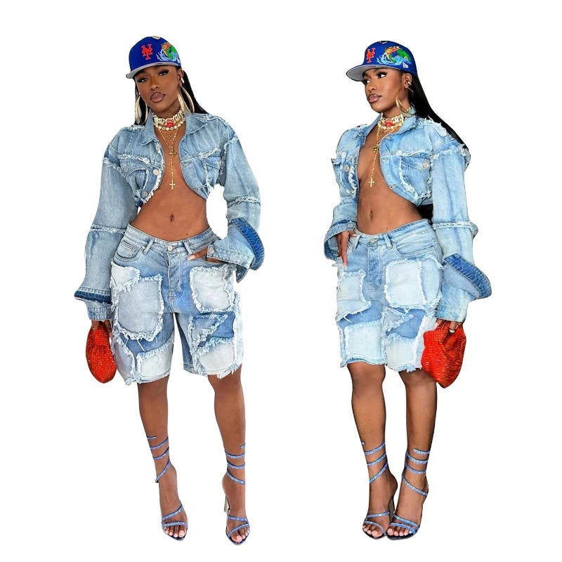 Shorts Pant Set Women Two Piece Sets Denim Turn Down Collar Matching Sets Tops Knee Length Pants High Waist Y2k Streetwear