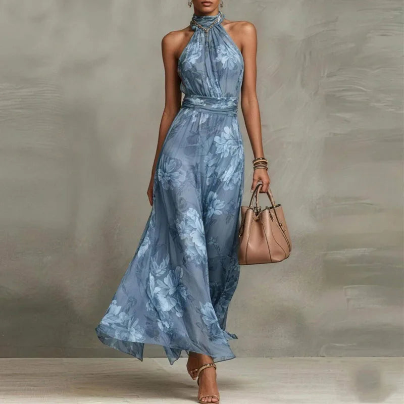 Flowing Floral Halter Ruched Waist Maxi Dress for Women