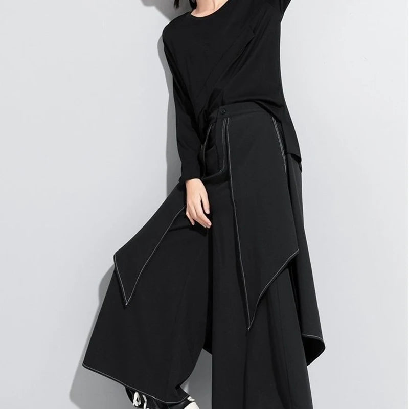 French fashion temperament black wide-leg pants women's spring and autumn new loose plus size casual pants casual skirt pants.