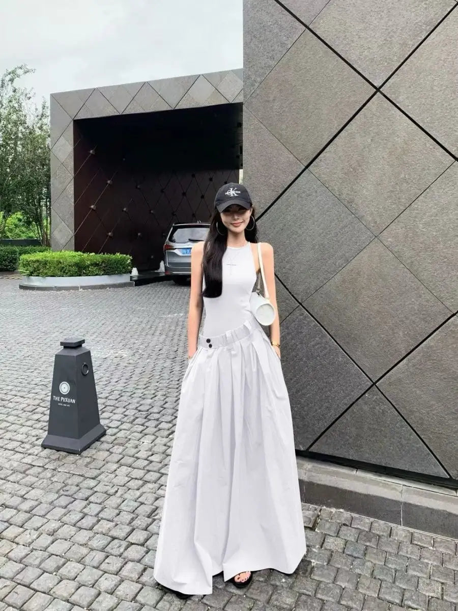Gray High Waist Button Placket Midi Dress For Women