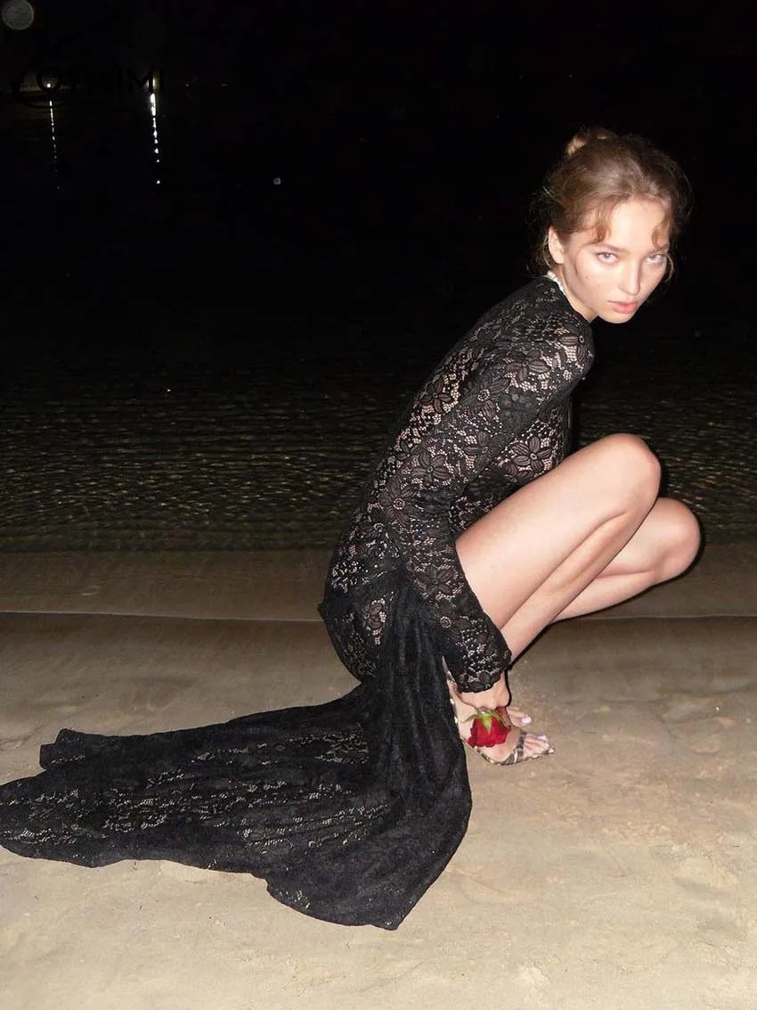 Oymimi Sexy White Lace Women's Dress Summer New Slim Square Neck Long Sleeve Dresses Fashion Straight Floor-Length Dress Female