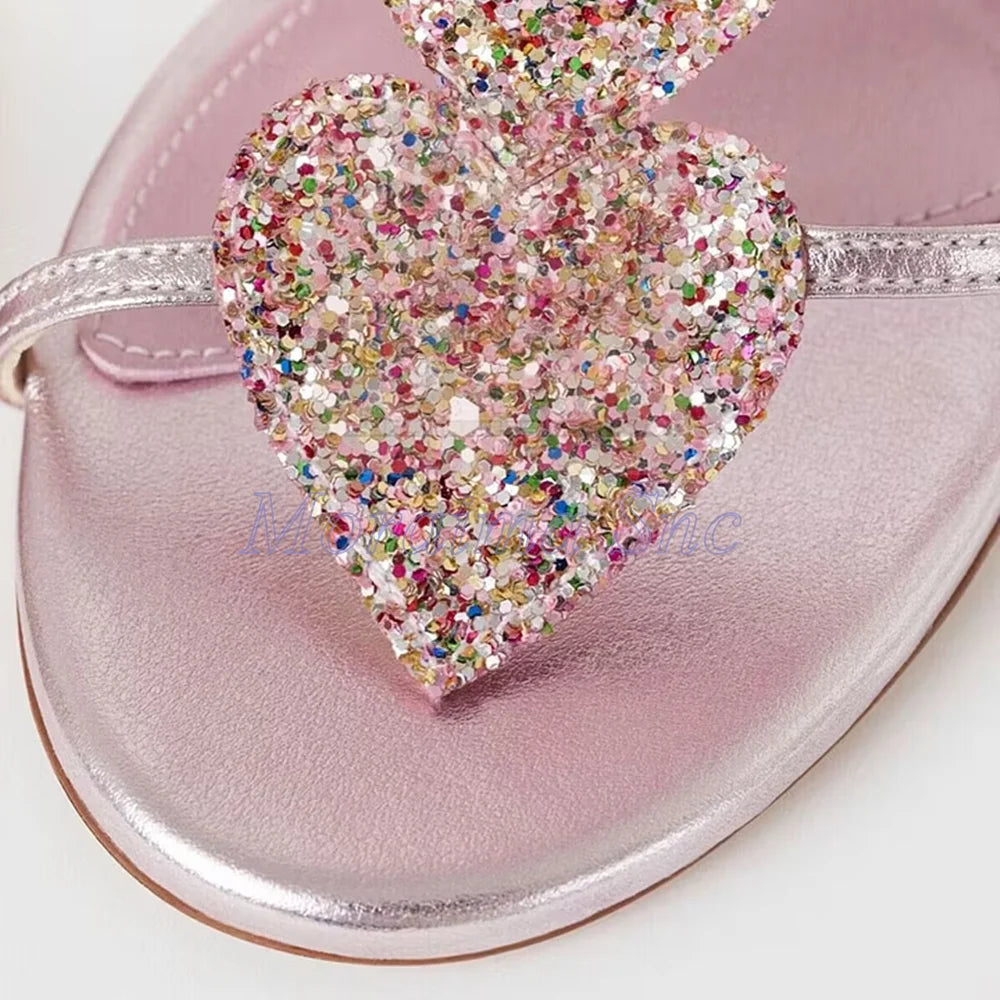 Pink Glitter Heart Strap Gladiator Sandals For Women