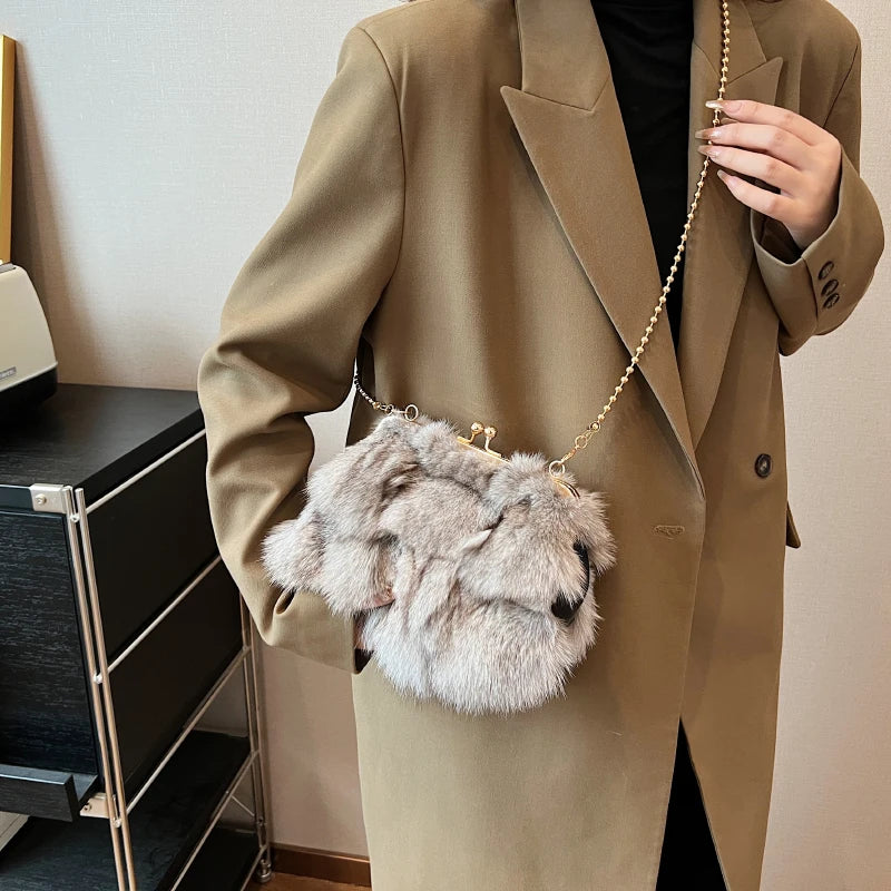 Luxurious Fox Fur Evening Clutch with Chain for Women
