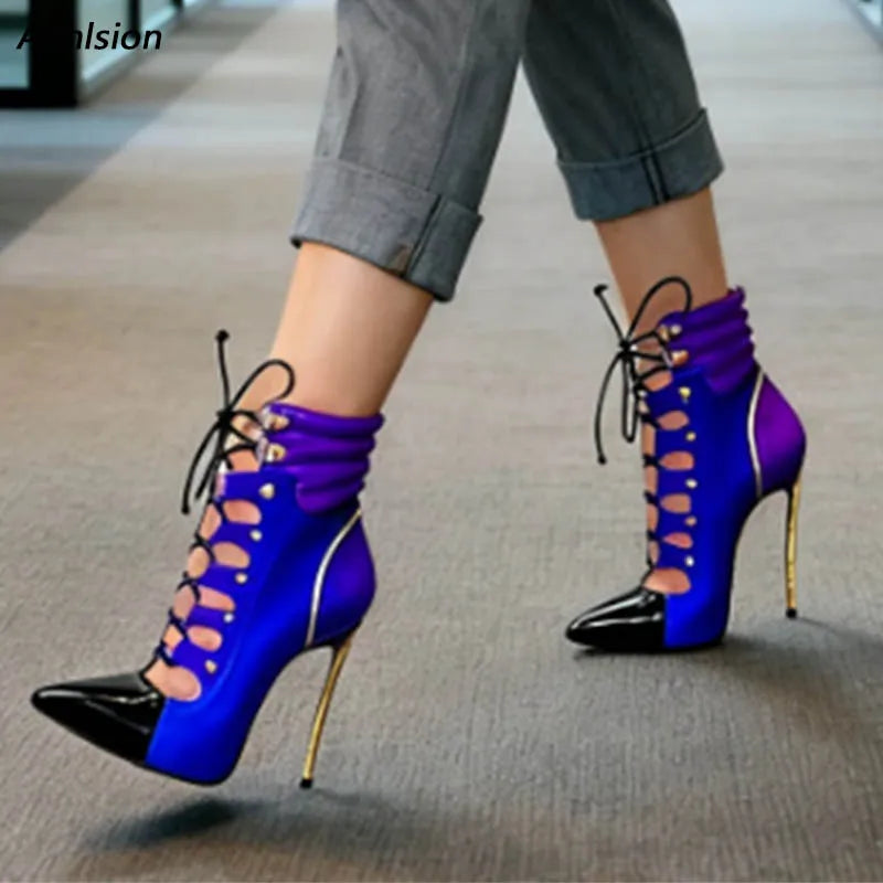 Pointed Toe Purple Leather Ankle Boots With Gold Accents For Women