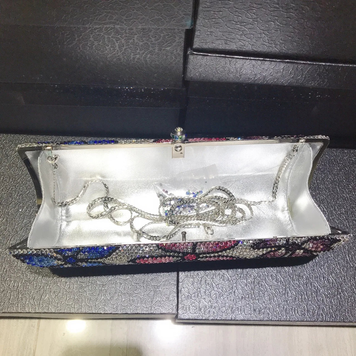 Sparkling Crystal Quilted Hard Case Clutch Bag for Women