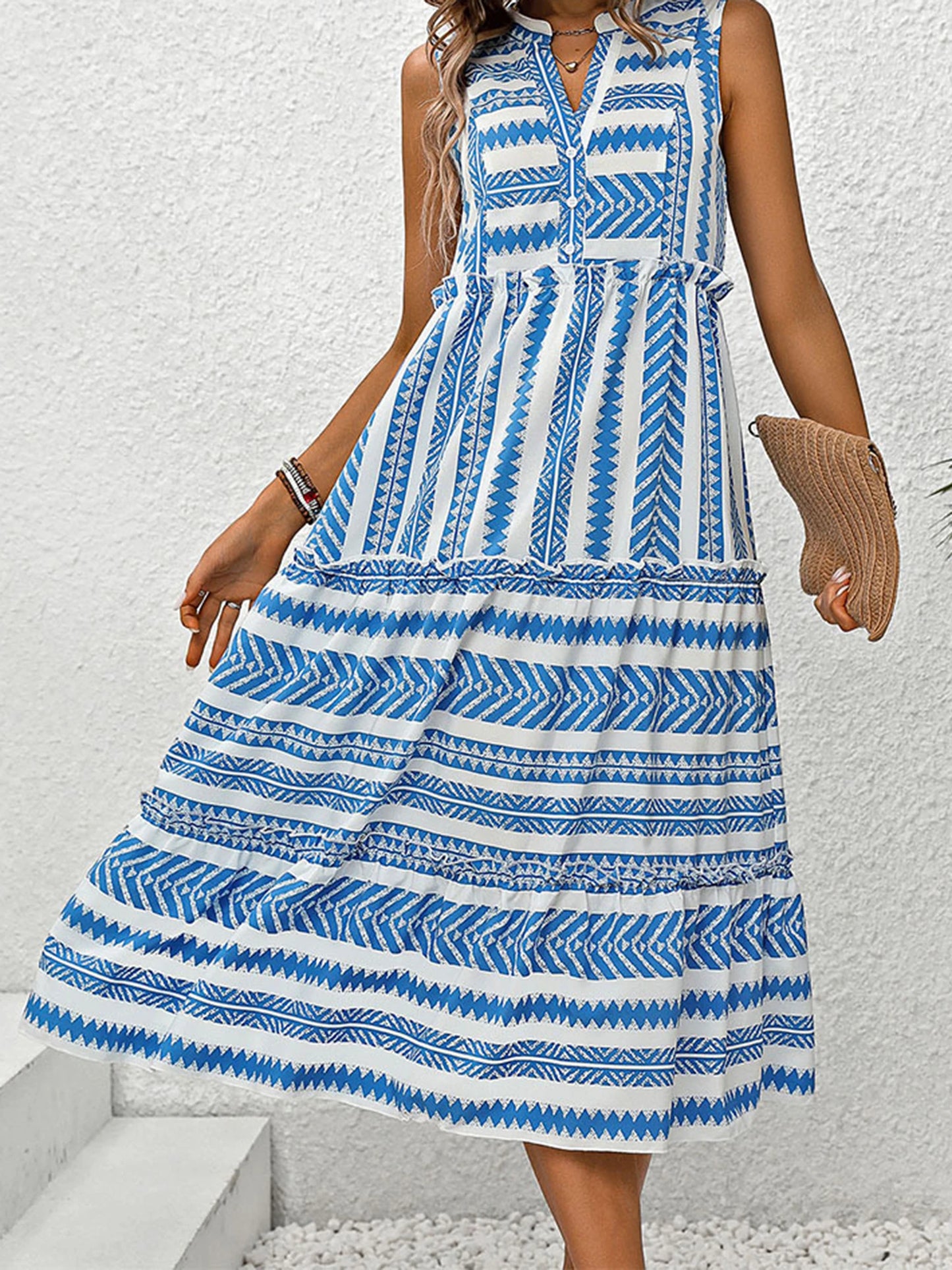 Women Summer Sleeveless Dress Casual Geometric Print Button V-Neck Party Dress for Beach Club Streetwear