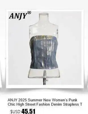 ANJY Summer New Women's Tide High Street Y2K Chic Trendy Sleeveless Halter Neck Backless Waist Cinching Zipper Denim Dress A8053