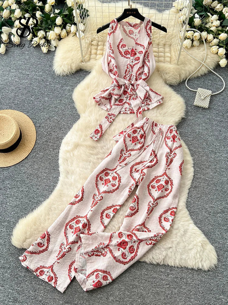 Boho Print Lace-Up Tank Top and Wide-Leg Pants Set for Women