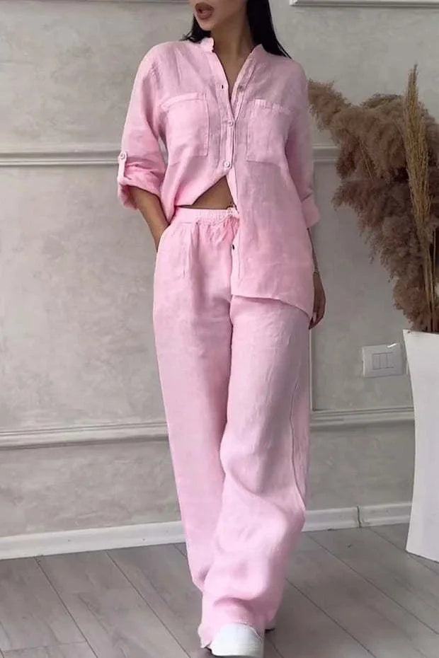 Loose Cotton Linen Shirt And Wide Leg Pants Set For Women