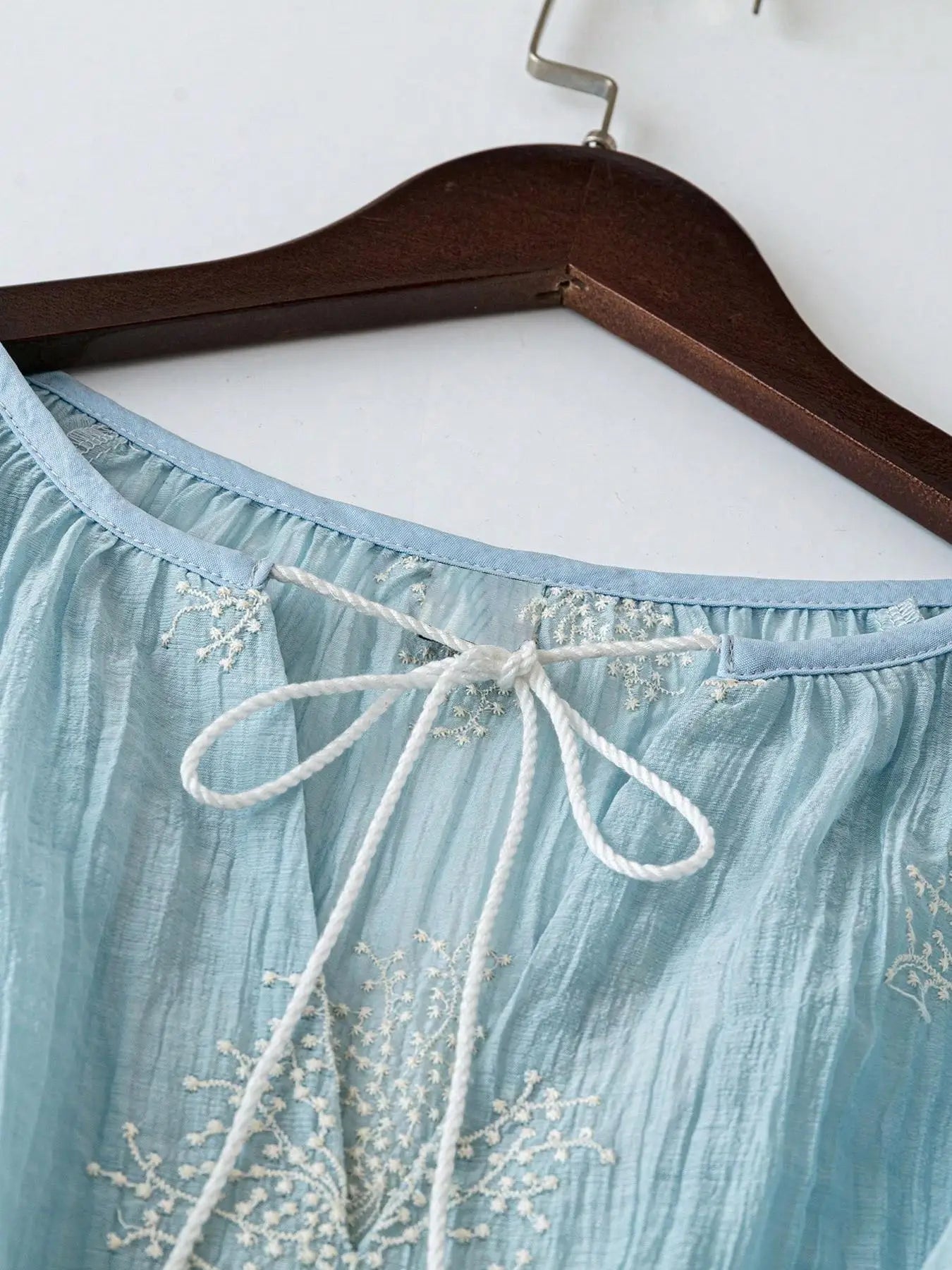 【Plus Size】 Embroidery Tie Neck Blouse, Boho Casual Bishop Sleeve Top for Daily Holiday Vacation Wear, Women Plus Clothing for A