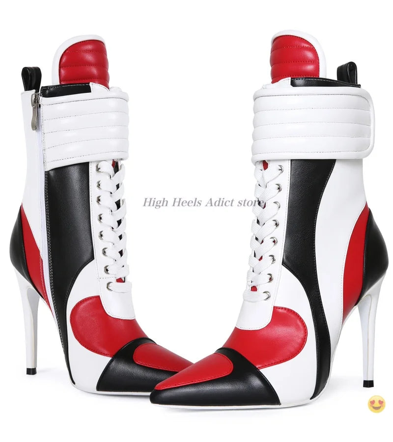 Stiletto Pointy Toe Lace Up Leather Midcalf Boots For Women