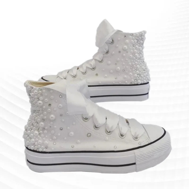 Pearl Rhinestone High Top Canvas Wedding Shoes for Women