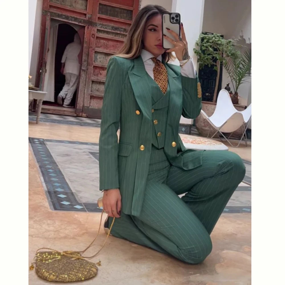 Slim Fit Double Breasted Green Striped Suit Set For Women