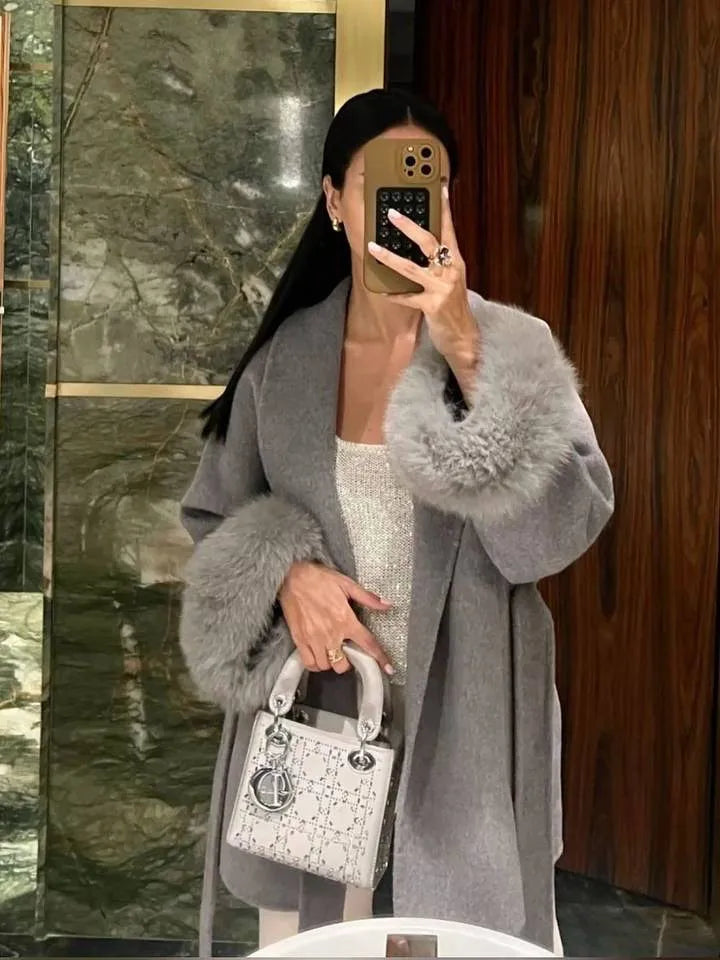Faux Fur Wool Blend Longline Lapel Overcoat for Women
