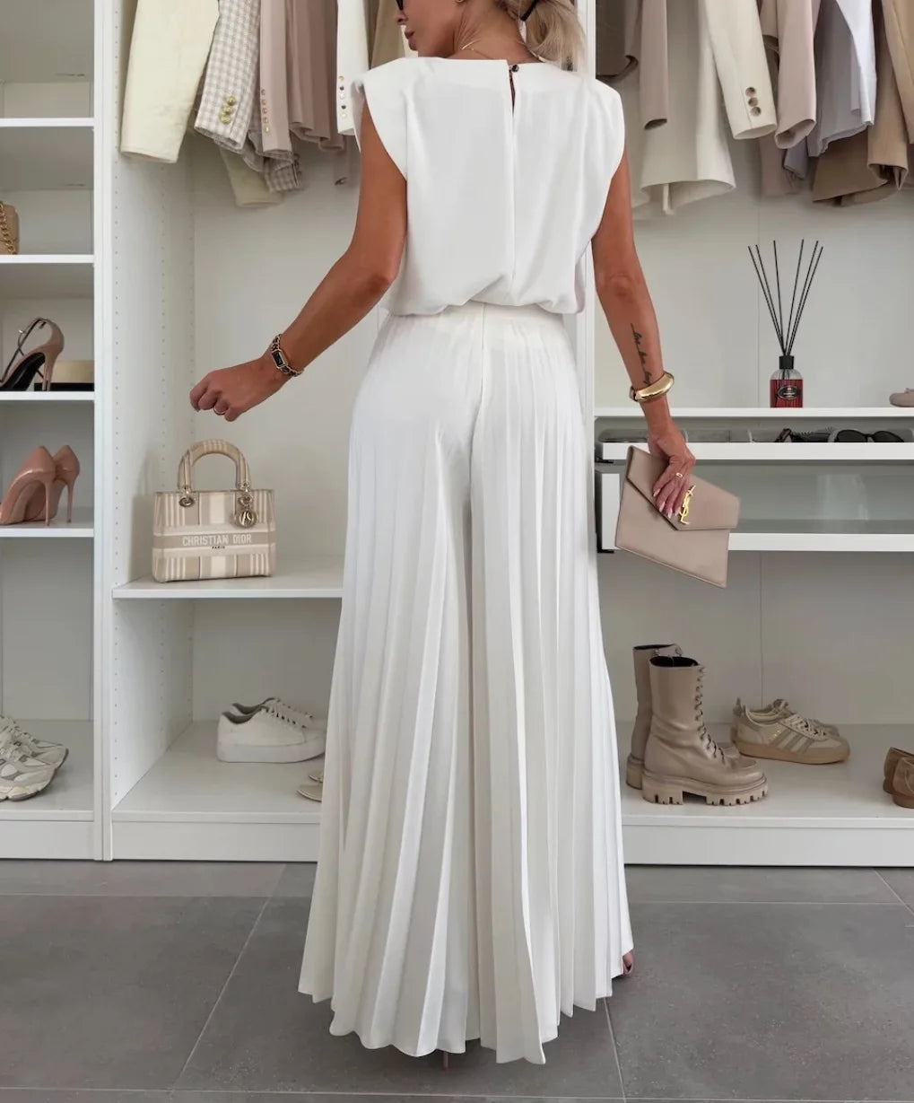 Pleated Sleeveless O Neck Top Wide Leg Pants Two Piece Suit for Women