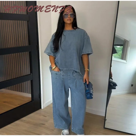 Relaxed O Neck Denim Two Piece Set