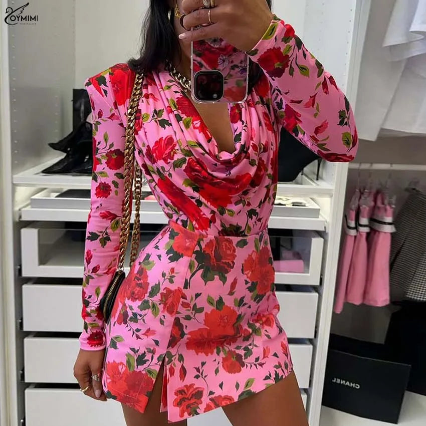 Oymimi Elegant Pink Print 2 Pieces Set For Woman Fashion V-Neck Long Sleeve Slim Tops And High Waist Side Slit Shorts Skirt Sets