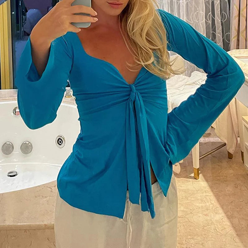 Y2K Cottage Retro Grunge Crop Tops Clothes Elegant Front Tie Up V Neck T-shirt 90s Vintage Chic Women Long Sleeve Blouse Tees