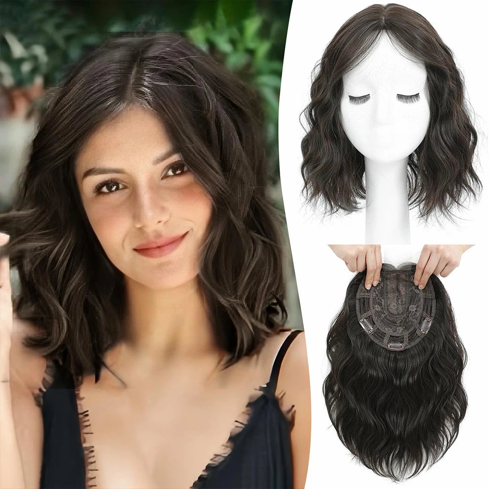 Short Wavy Synthetic Clip In With Bangs Hair Topper for Women