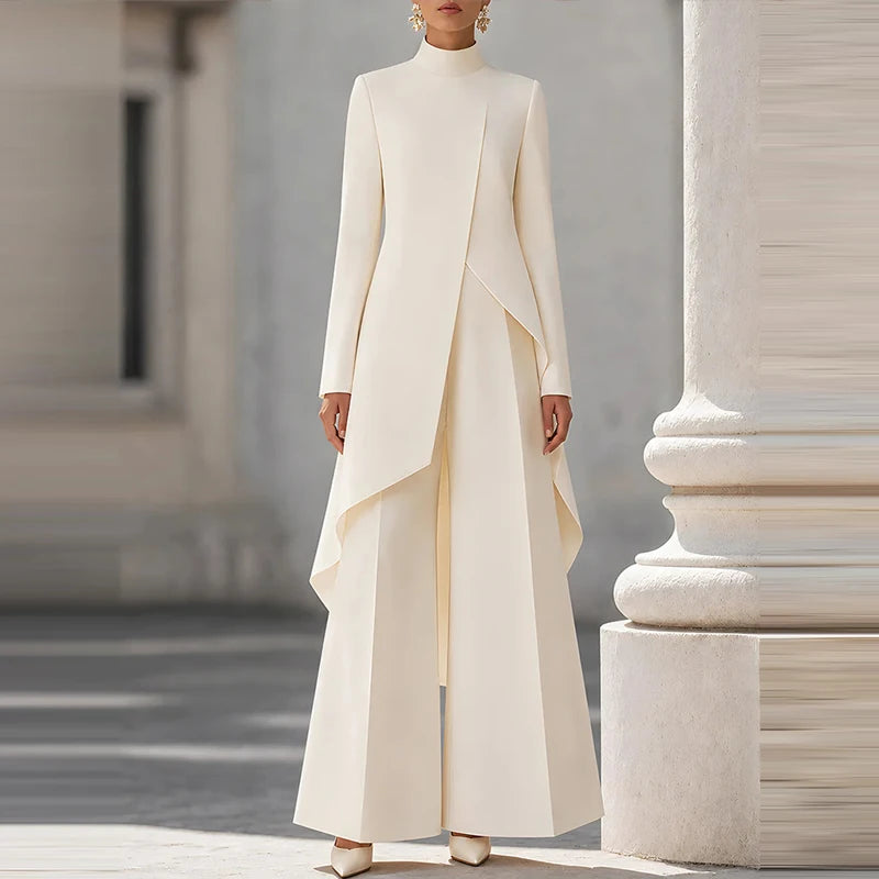 Elegant Turtleneck Long Sleeve Top and Wide Leg Pants Set for Women