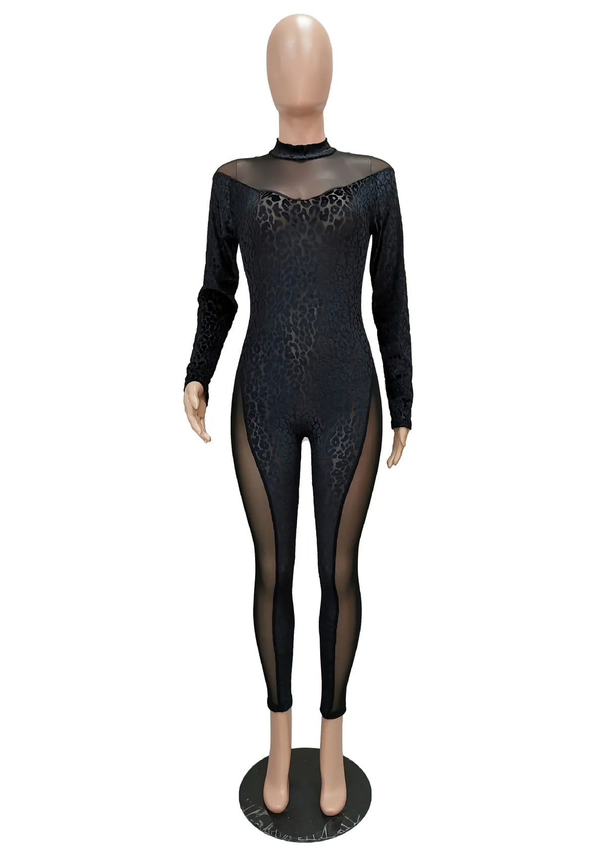 Sheer Leopard Mesh Jumpsuit With Long Sleeves for Women