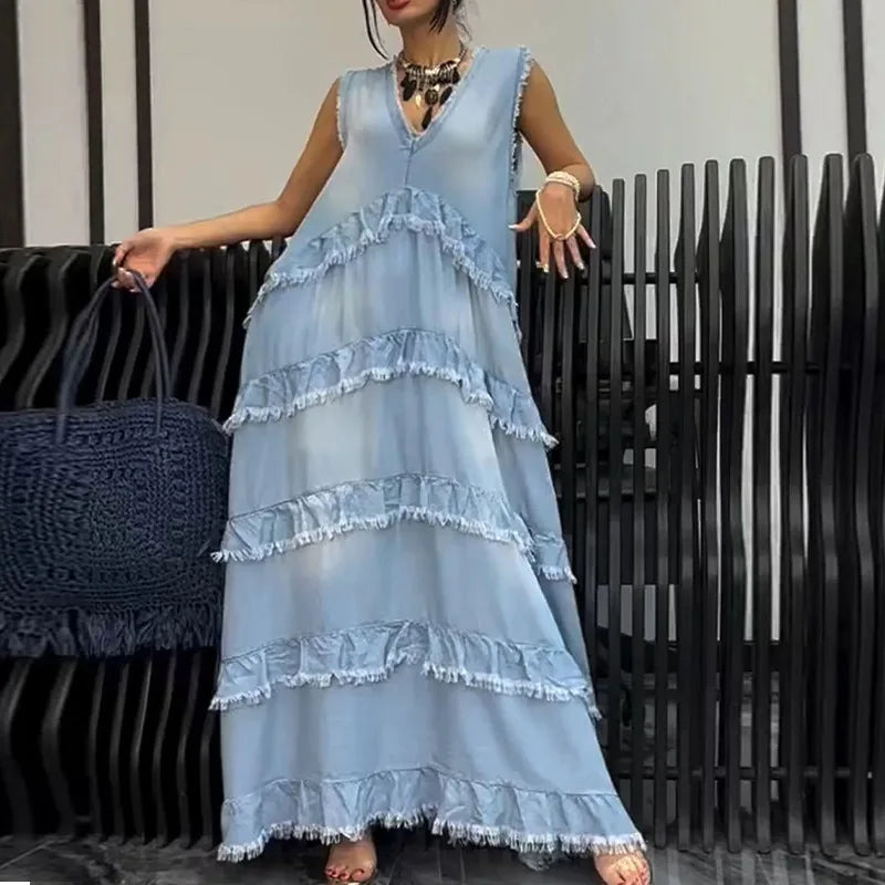 Solid Color V-Neck A-Line Ankle Length Dress for Women