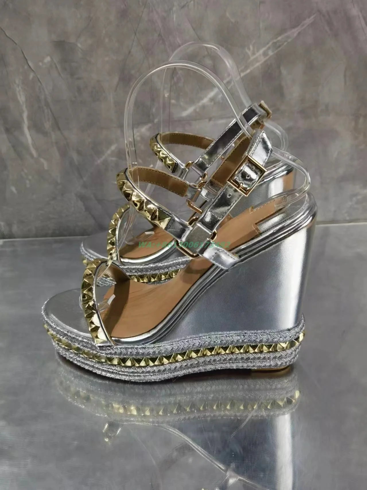 Design Women Summer Silver High Wedge Sandal Open Toe Gold Rivets Wedge Heel High Platform Slingback Buckle Strap Silver Sandal