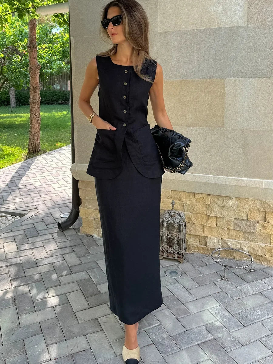 Breathable Linen High Waist Vest And Skirt Set For Women