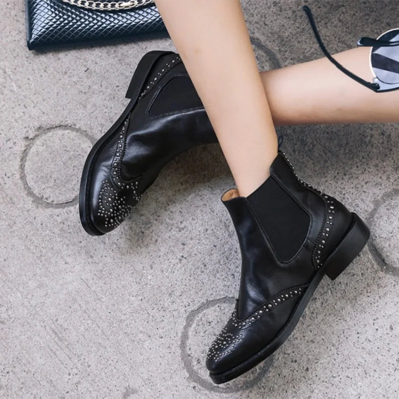 Rivet Patent Leather Slip On Ankle Boots for Women