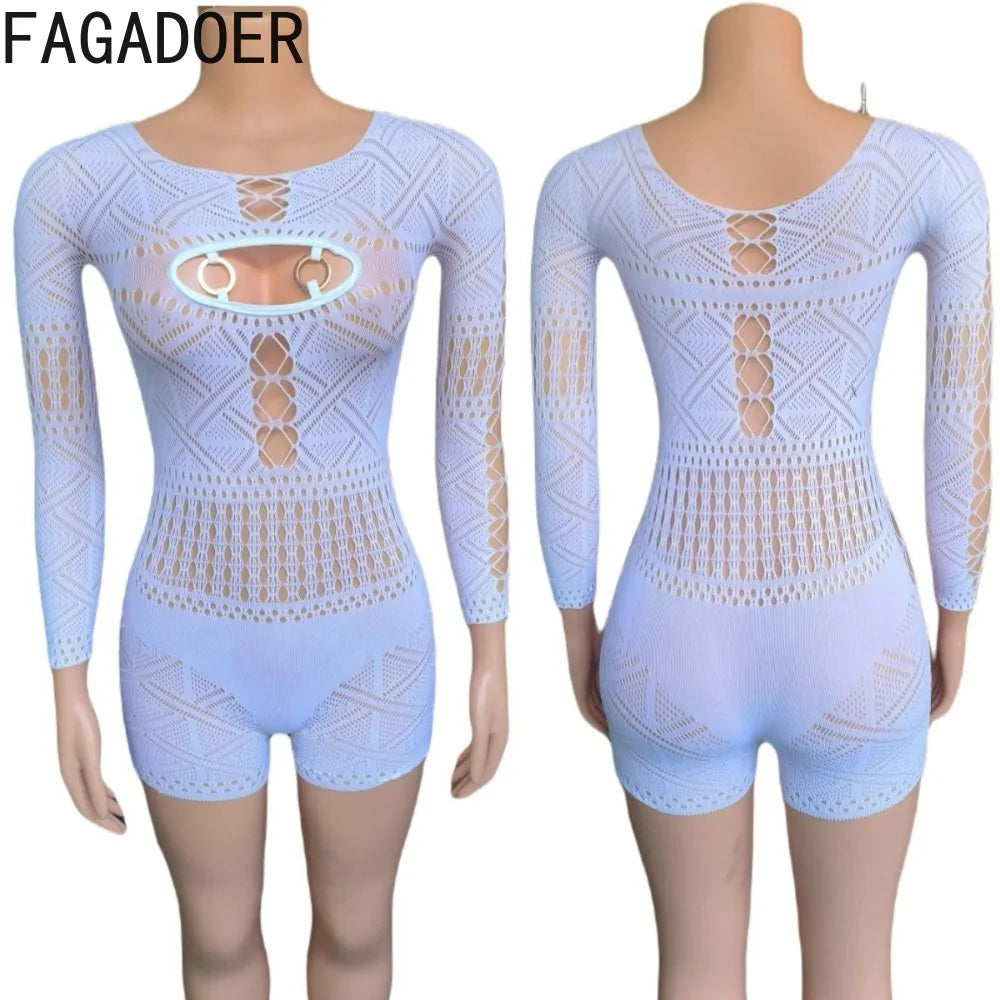 Hollow Out Patchwork Lace See Through Long Sleeve Jumpsuit for Women