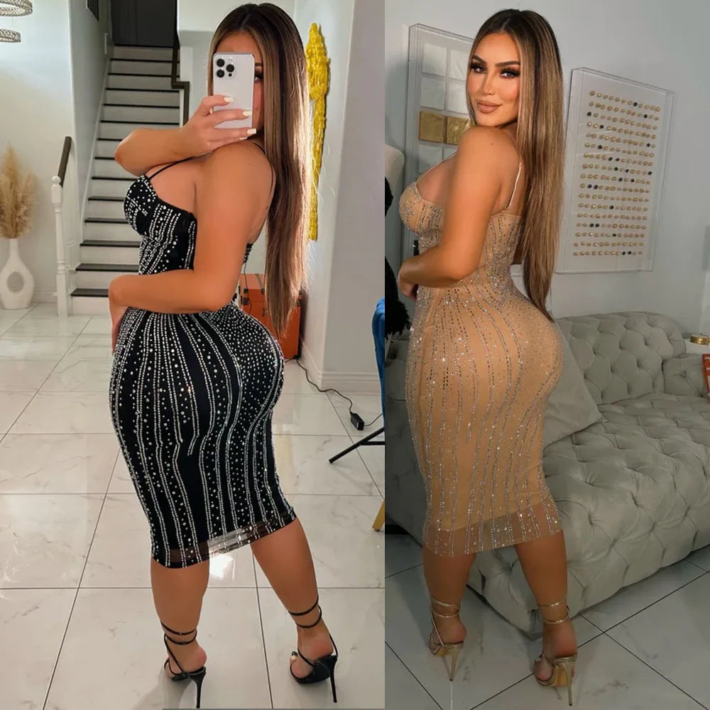 Rhinestone Mesh Sleeveless Mini Party Dress for Women