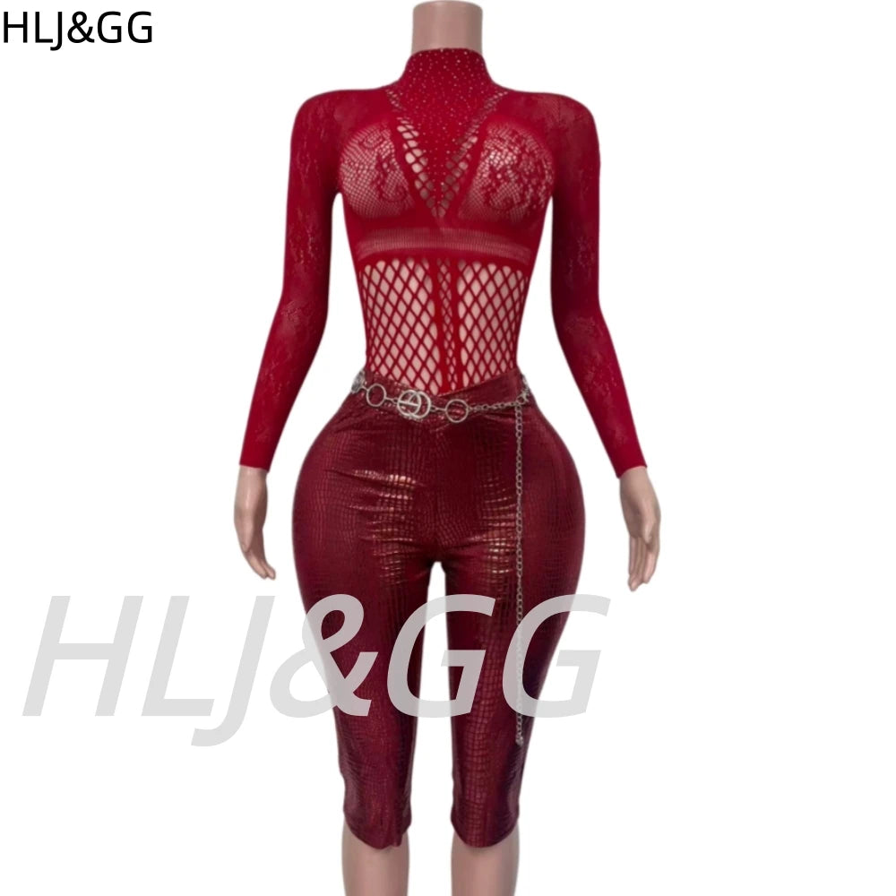 Sexy Rhinestone Mesh Two-Piece Bodysuit Set for Women