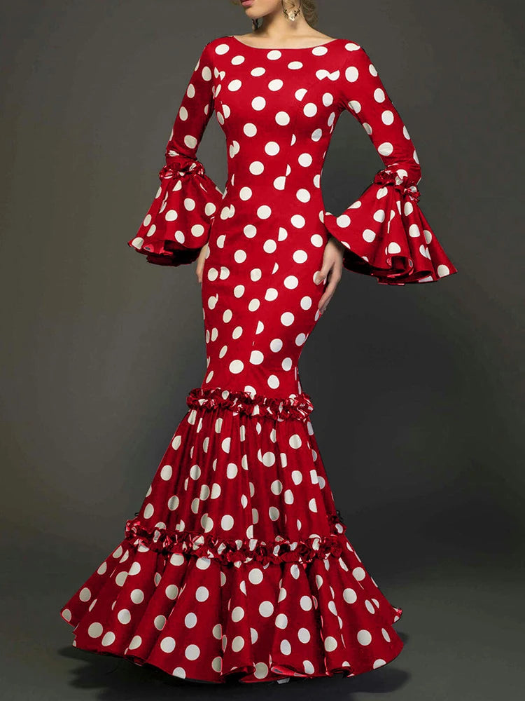 Elegant Polka Dot Ruffle Tiered Evening Dress For Women
