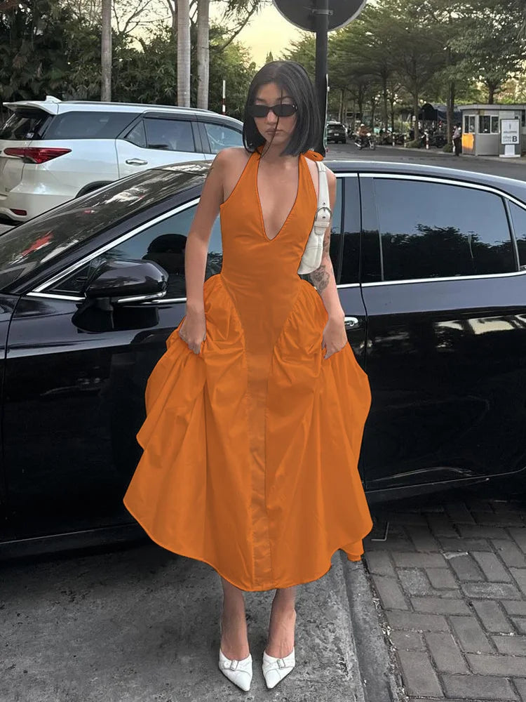 Elegant Halter V Neck Backless Maxi Dress For Women