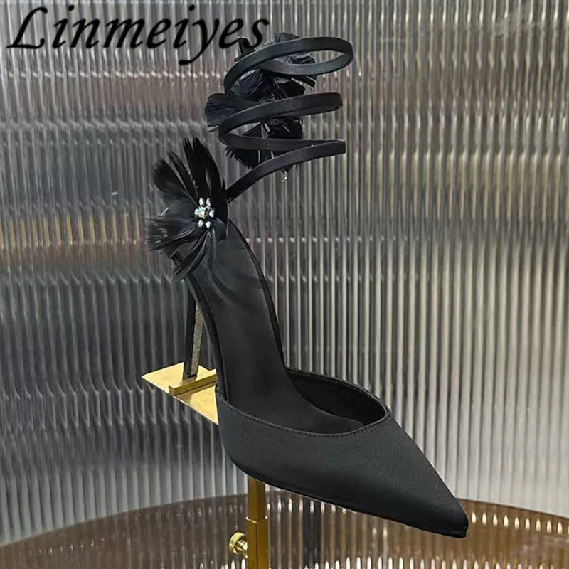 Rhinestone Feather Flower Embellished Ankle Strap High Heel Sandals for Women
