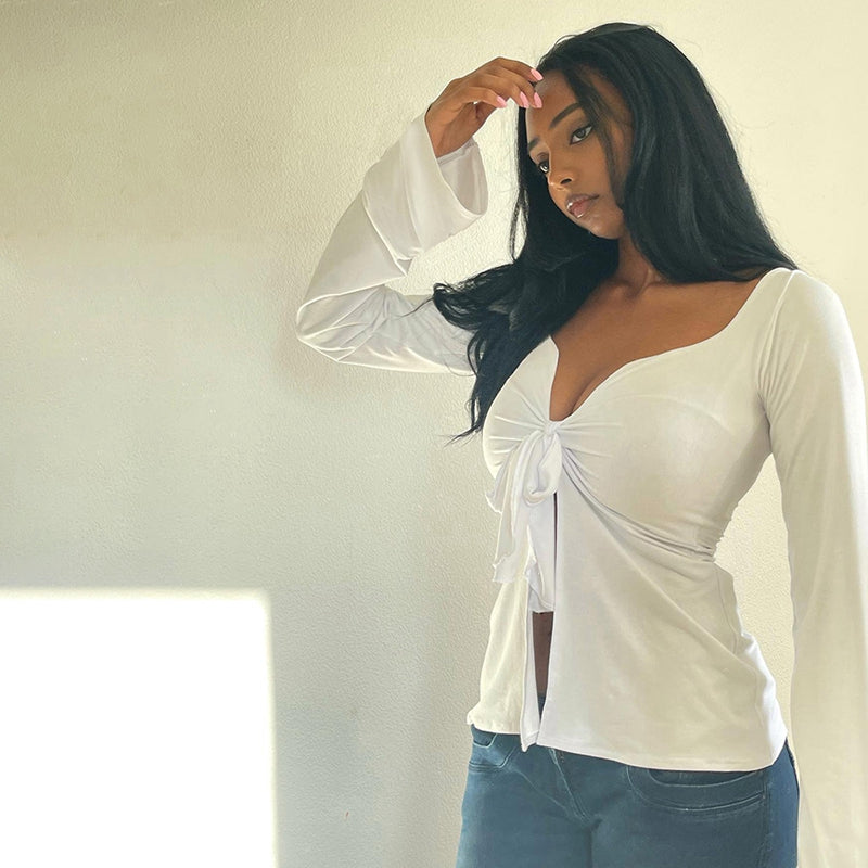 Y2K Cottage Retro Grunge Crop Tops Clothes Elegant Front Tie Up V Neck T-shirt 90s Vintage Chic Women Long Sleeve Blouse Tees