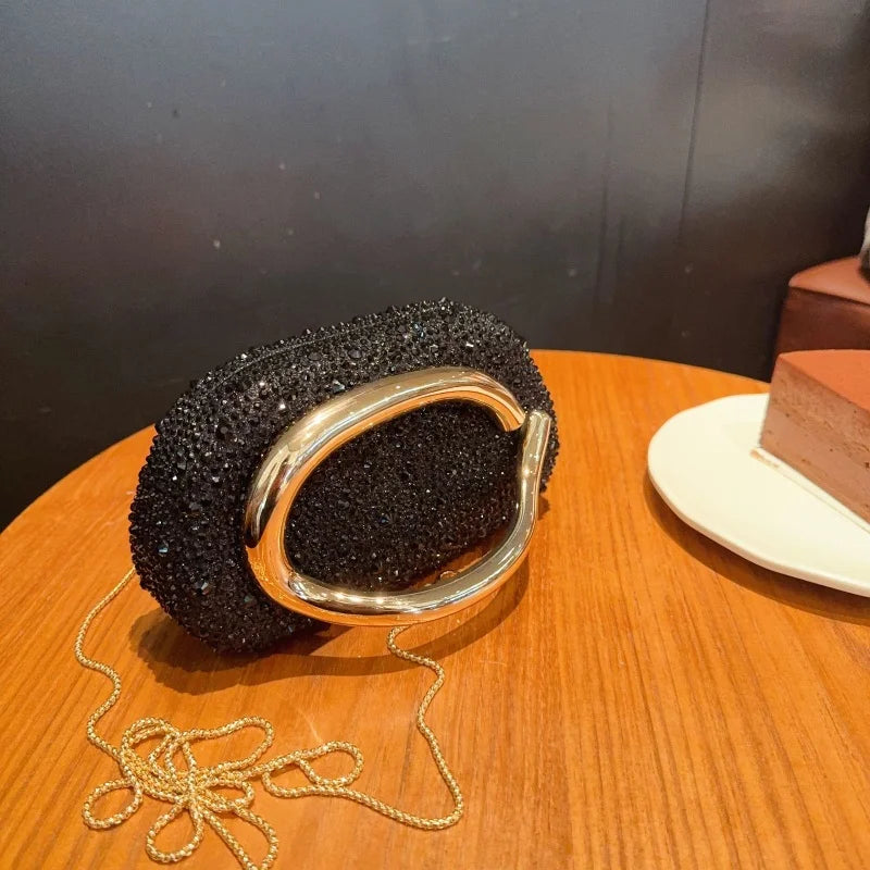 Stylish Golden Metal Handle Evening Clutch Bags for Women Elegant Luxury Shiny Diamond Studded Wedding Party Purse Shoulder Bags