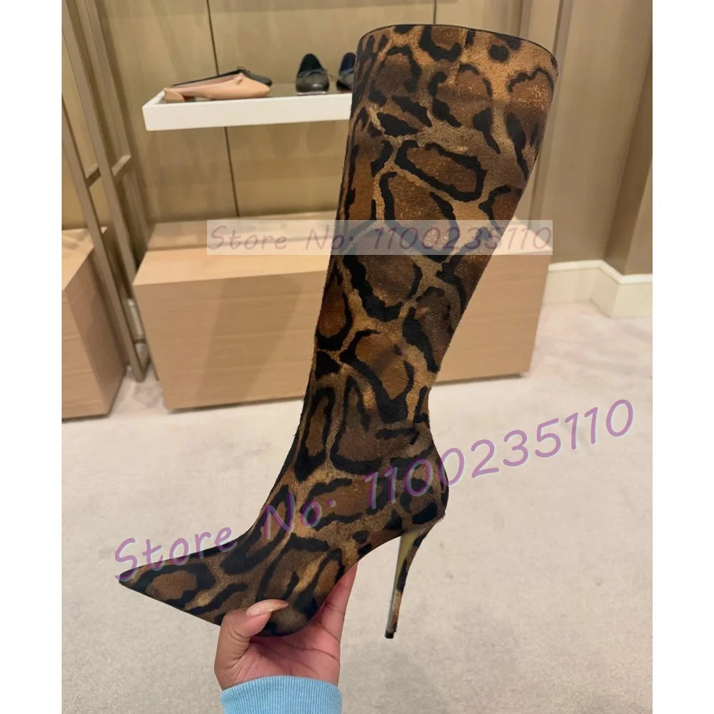 Leopard Print Pointy Toe Knee High Boots for Women