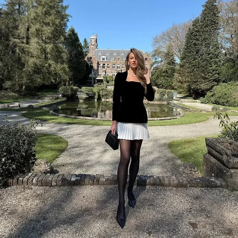 Elegant Splicing Velvet Women Pleated Skirt Chic Long Sleeved Waist Slimming Square Neck Dress Lady Party Vacation Dresses