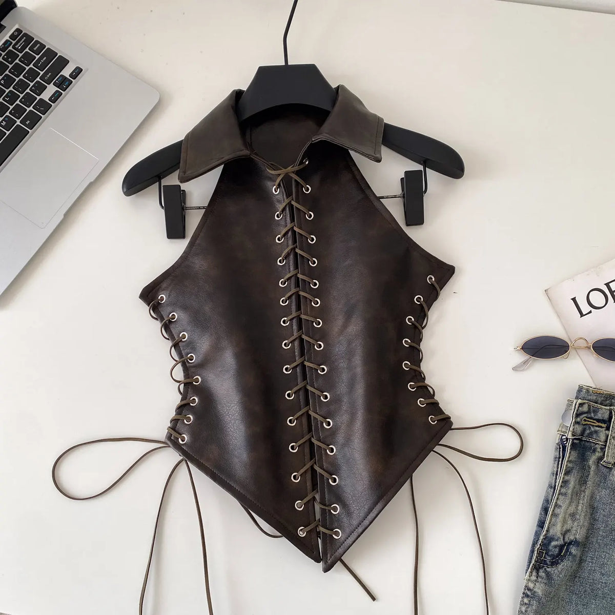 Retro Lace Up Faux Leather Sleeveless Bustier Top for Women