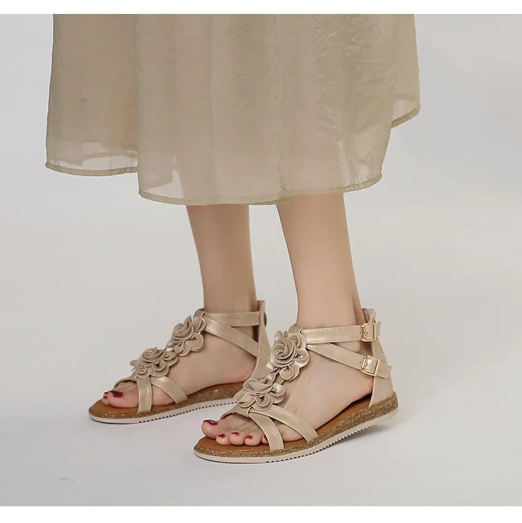 Strappy Bohemian Floral Printed Flat Sandals for Women
