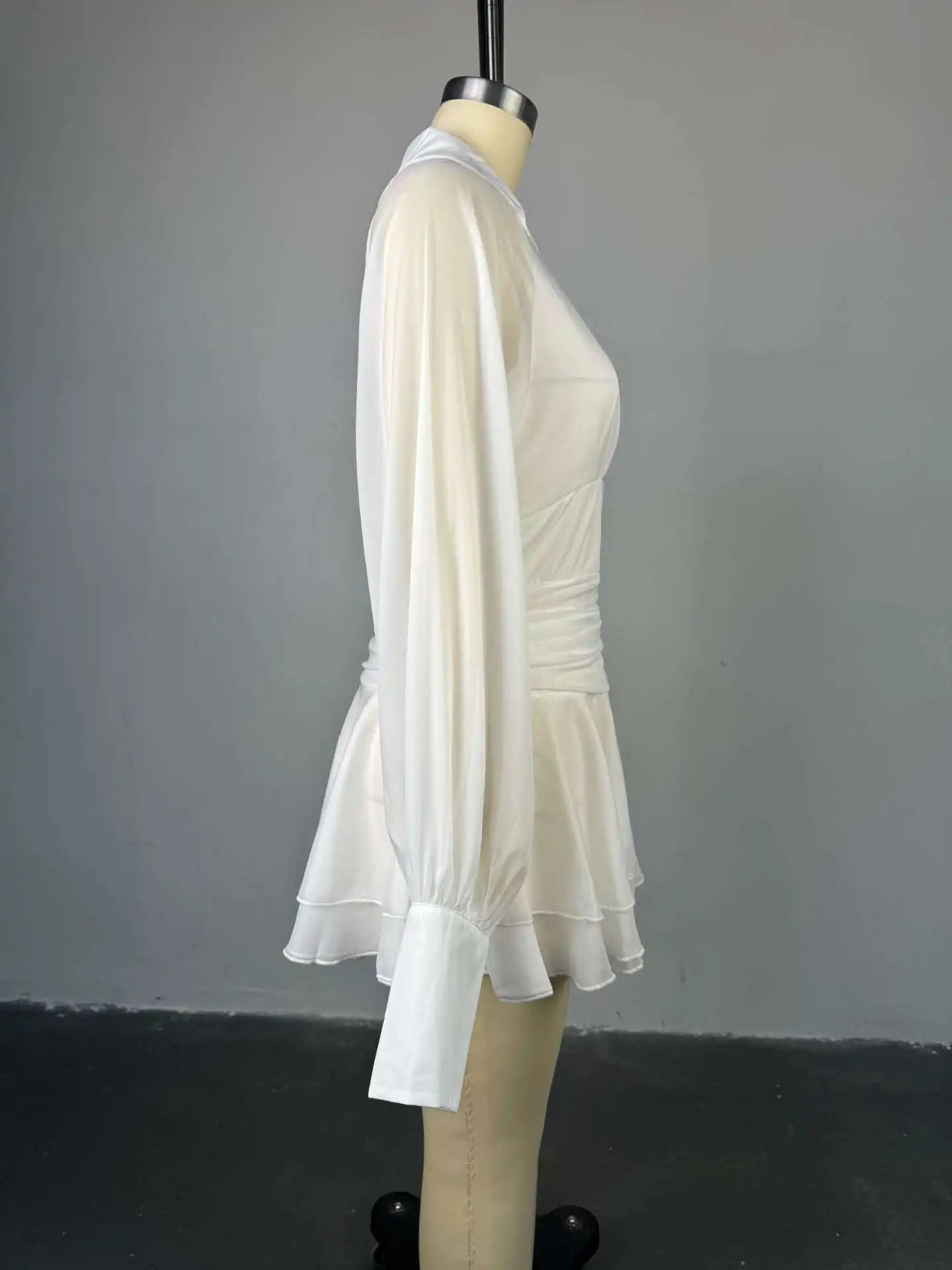 Elegant White V Neck Lantern Sleeve High Waist A Line Dress for Women
