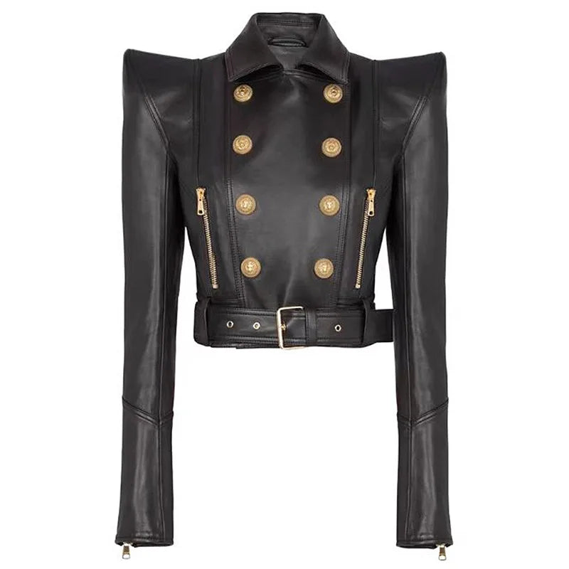 Double Breasted Faux Leather Motorcycle Jacket for Women