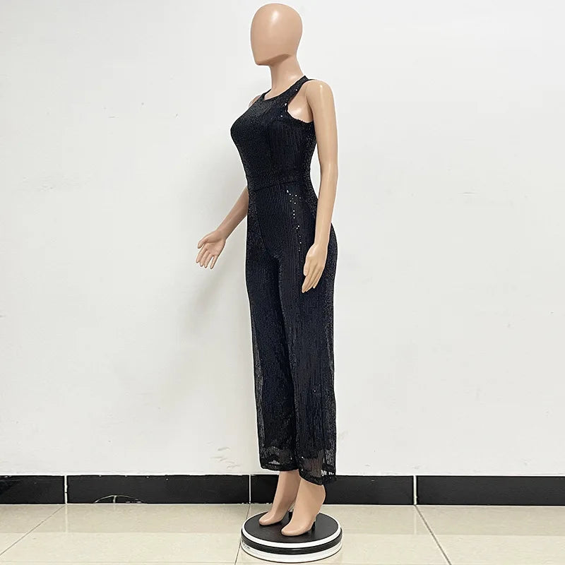 Elegant Silver Sequined Straight Cut Jumpsuit for Women