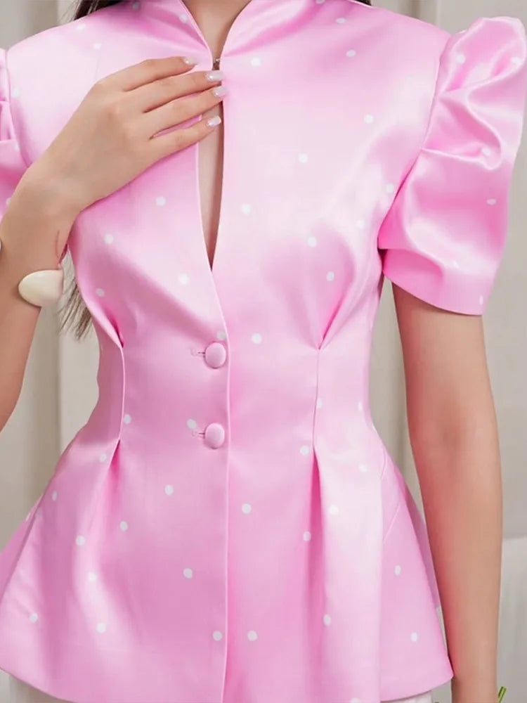 Elegant Printed Puff Sleeve Stand Collar Shirt for Women