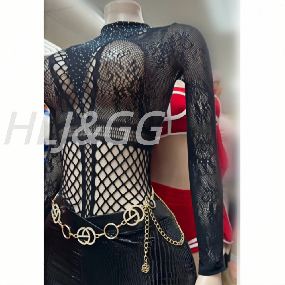 Sexy Rhinestone Mesh Two-Piece Bodysuit Set for Women