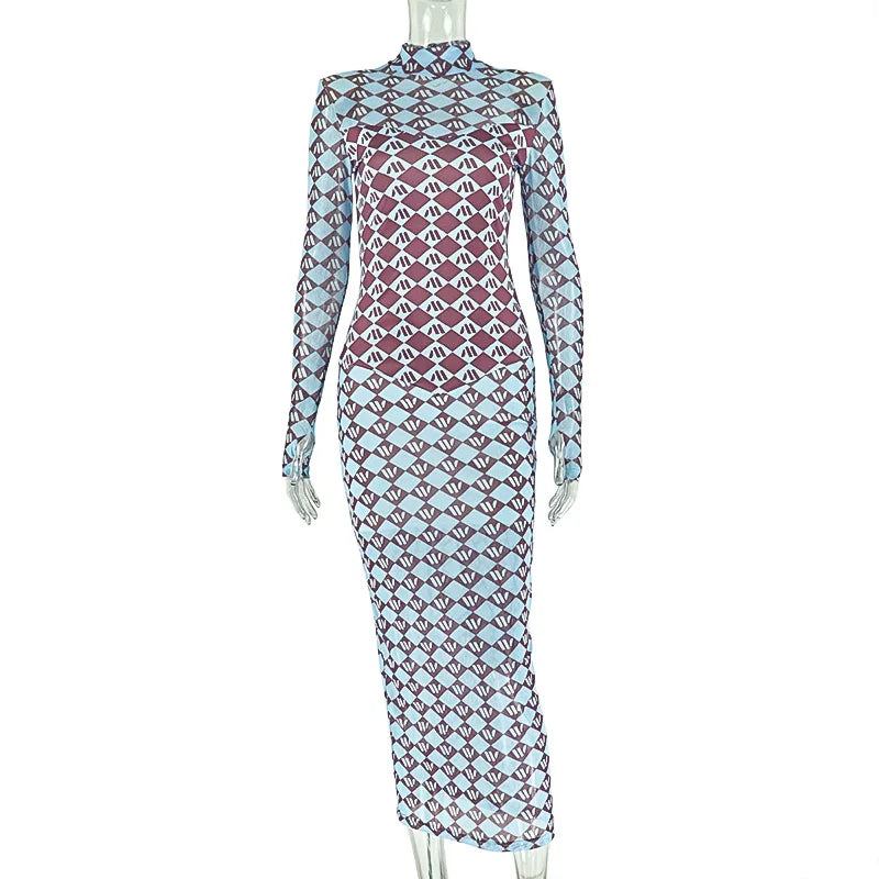 Geometric Print Mesh Sheer Turtleneck Long Dress for Women