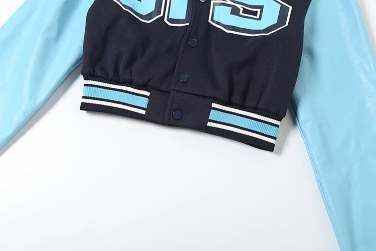Patchwork Faux Leather Sleeve Cropped Jacket for Women