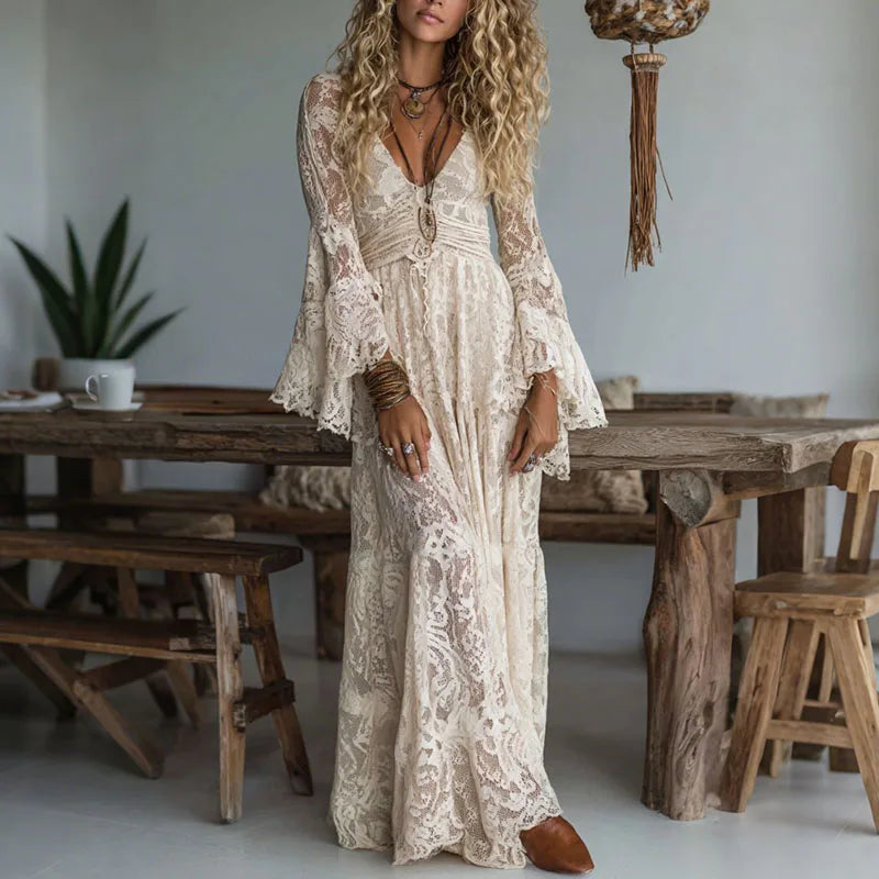 Elegant Deep V Neck Lace Embroidered Maxi Dress for Women